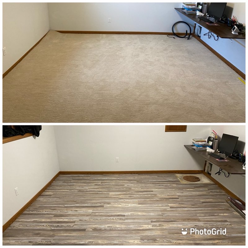 Before and after photo of a room where carpet was replaced with luxury vinyl plank flooring